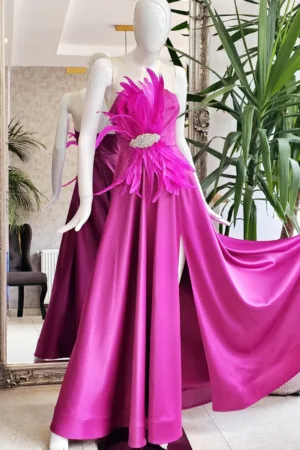 Rochie eleganta din tafta fucsia cu slit pe picior