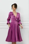 Rochie eleganta din tafta magenta cu volanas la bust