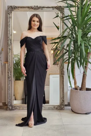 Rochie eleganta din tafta neagra cu falduri in lateral si umar cazut