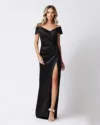 Rochie eleganta din tafta neagra cu slit pe picior si umeri usor cazuti