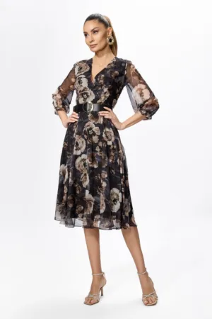 Rochie eleganta din voal cu imprimeu Lida Gri Floral