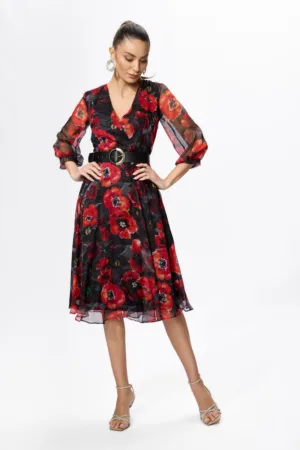 Rochie eleganta din voal cu imprimeu Lida Rosu Floral