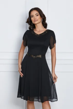Rochie eleganta din voal neagra cu glitter auriu in talie si la decolteu