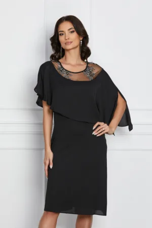 Rochie eleganta din voal neagra cu volan si broderie pe bust
