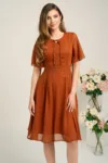 Rochie eleganta din voal portocalie cu insertii in relief si fir lurex