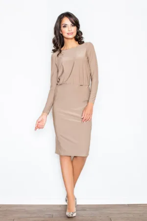 Rochie eleganta - fanta pe spate - bej - fluida - poliester