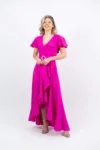 Rochie eleganta fucsia asimetrica cu volane si cordon detasabil