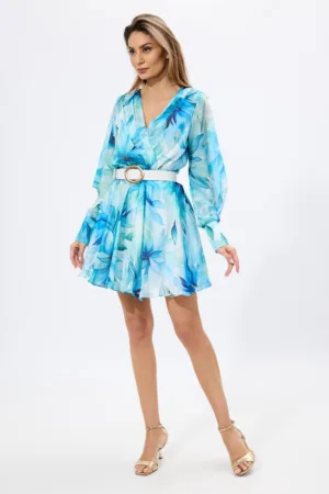 Rochie eleganta in clos din voal cu imprimeu floral Darina Turcoaz