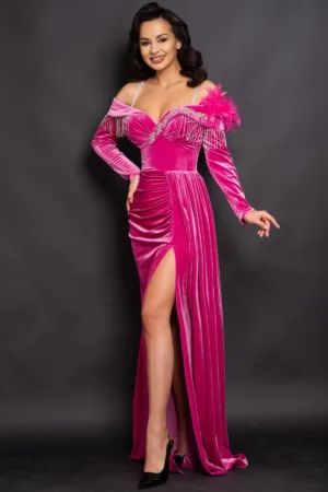 Rochie eleganta lunga Alizee magenta din catifea cu strassuri argintii