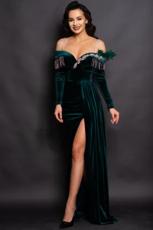 Rochie eleganta lunga Alizee verde din catifea cu strassuri argintii