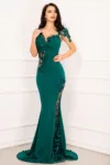 Rochie eleganta lunga Esther de seara verde cu flori brodate si fulgi