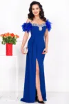 Rochie eleganta lunga albastra tip sirena Alissa cu fulgi si trena