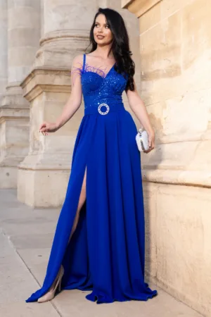 Rochie eleganta lunga de seara Raisa albastra cu paiete