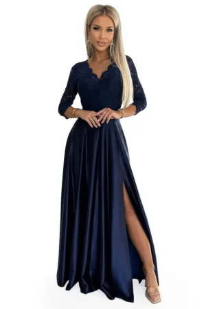 Rochie eleganta lunga din satin - cu top din dantela si crapatura la picior - albastru inchis