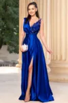 Rochie eleganta lunga din tafta albastru royal Saturn cu flori 3D
