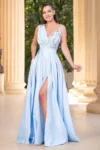 Rochie eleganta lunga din tafta bleu Saturn cu flori 3D
