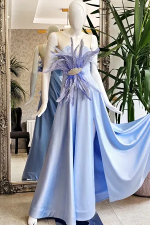 Rochie eleganta lunga din tafta bleu cu accesoriu la talie