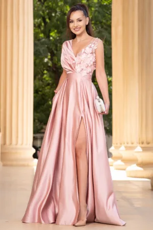 Rochie eleganta lunga din tafta roz prafuit Saturn cu flori 3D