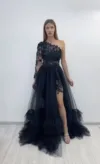 Rochie eleganta lunga din tull cu broderie florala in partea superioara