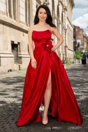 Rochie eleganta lunga rosie Lorelai din tafta cu floare 3D