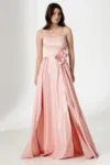 Rochie eleganta lunga roz Lorelai din tafta cu floare 3D