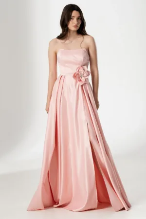 Rochie eleganta lunga roz Lorelai din tafta cu floare 3D