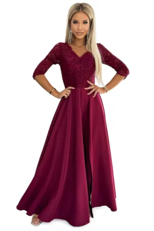 Rochie eleganta - lunga - visiniu - cu top din dantela si fante la picior