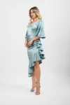 Rochie eleganta midi aqua asimetrica
