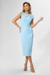 Rochie eleganta midi cu talie marcata si crepeu Felly Bleu