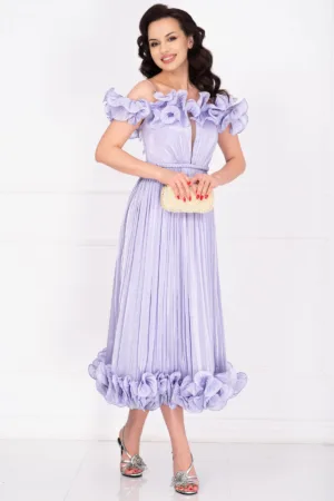 Rochie eleganta midi din organza lila Rosalyn cu volane romantice