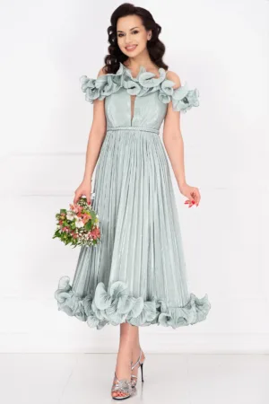 Rochie eleganta midi din organza mint Rosalyn cu volane romantice