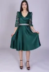 Rochie eleganta midi din tafta verde cu maneci din broderie florala