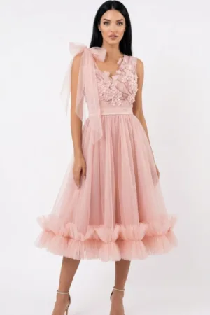 Rochie eleganta midi din tull cu volane si broderie cu perle