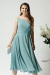 Rochie eleganta midi din voal verde mint cu floare in talie