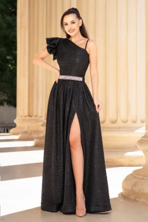 Rochie eleganta neagra Amanda din jacquard creponat