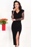 Rochie eleganta neagra Darla cambrata cu maneci din dantela