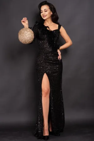 Rochie eleganta neagra Isabela cu fronseuri si insertie de fulgi