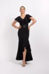Rochie eleganta neagra cu aspect asimetric si volane la baza