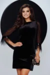 Rochie eleganta neagra din catifea Fofy in A cu aplicatii de pene si paiete