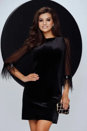 Rochie eleganta neagra din catifea Fofy in A cu aplicatii de pene si paiete