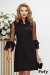 Rochie eleganta neagra in A cu volane diafane si brosa