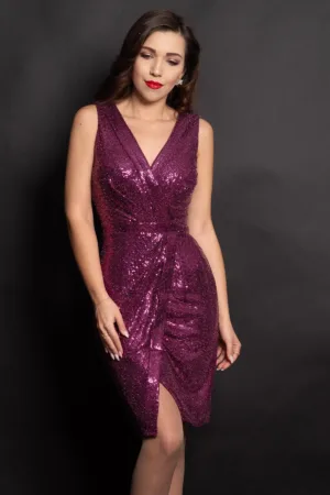 Rochie eleganta petrecuta Luiza mov cu paiete si glitter