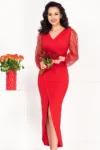 Rochie eleganta rosie Danya asimetrica cu maneci paietate