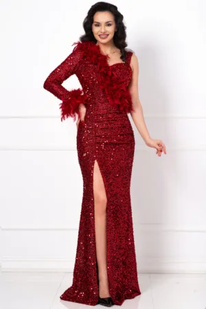 Rochie eleganta rosie Isabela cu fronseuri si insertie de fulgi