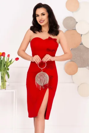 Rochie eleganta rosie midi June cu fundite decorative