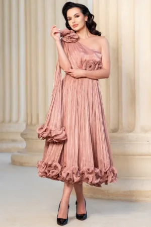 Rochie eleganta roz Caroline midi din voal peliculizat plisat