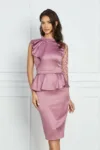 Rochie eleganta roz cu o maneca din dantela si peplum in talie