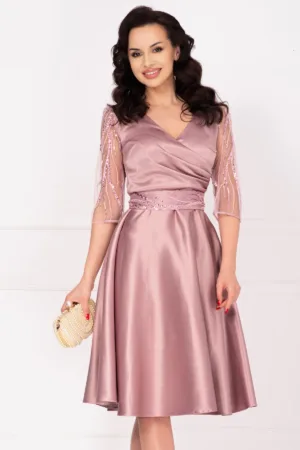 Rochie eleganta roz midi Britney in clos cu maneci din tulle