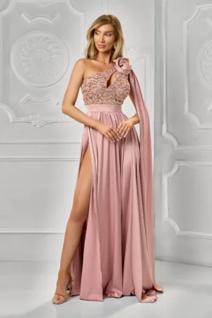 Rochie eleganta roz prafuit vaporoasa cu slit pe picior