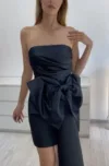 Rochie eleganta scurta din tafta neagra cu funda maxi si croiala cambrata